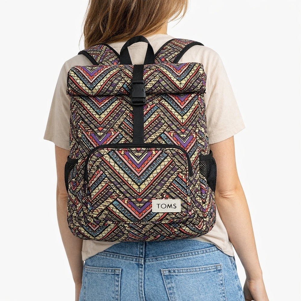 TOMS Standup Backpack Geometric Tribal Print‎ Roll Top Laptop Sleeve Multi-Color